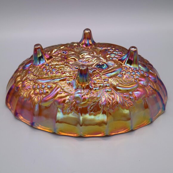 Indiana Harvest Grape Fruit Bowl Footed Marigold Carnival Glass Embossed Fruit - Picture 7 of 7